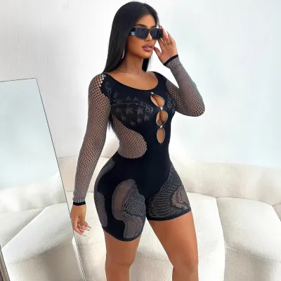 Women's Sexy Solid Color Off-Shoulder Slim-Fit Knitted Long-Sleeve Hollow-Out Rompers