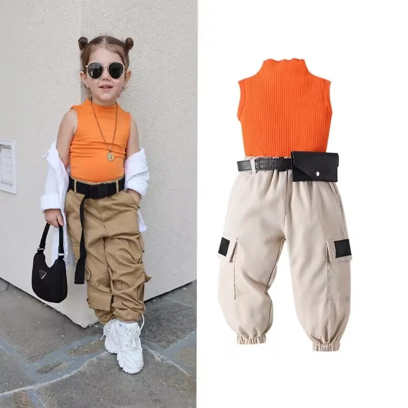 Kids Toddler Girls Fashion Casual Solid Color Sleeveless Top Cargo Pants Set