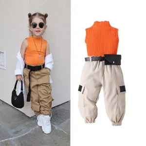 Kids Toddler Girls Fashion Casual Solid Color Sleeveless Top Cargo Pants Set