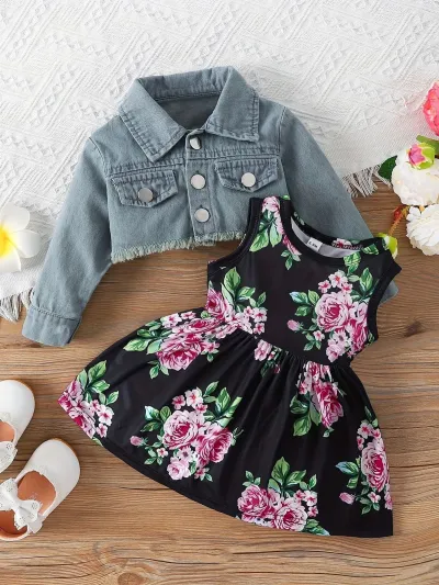 Kids Baby Girls Casual Tiny Flower Print Long Sleeve Denim Jacket Dress Two-Piece Set