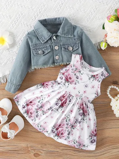 Kids Baby Girls Casual Tiny Flower Print Long Sleeve Denim Jacket Dress Two-Piece Set