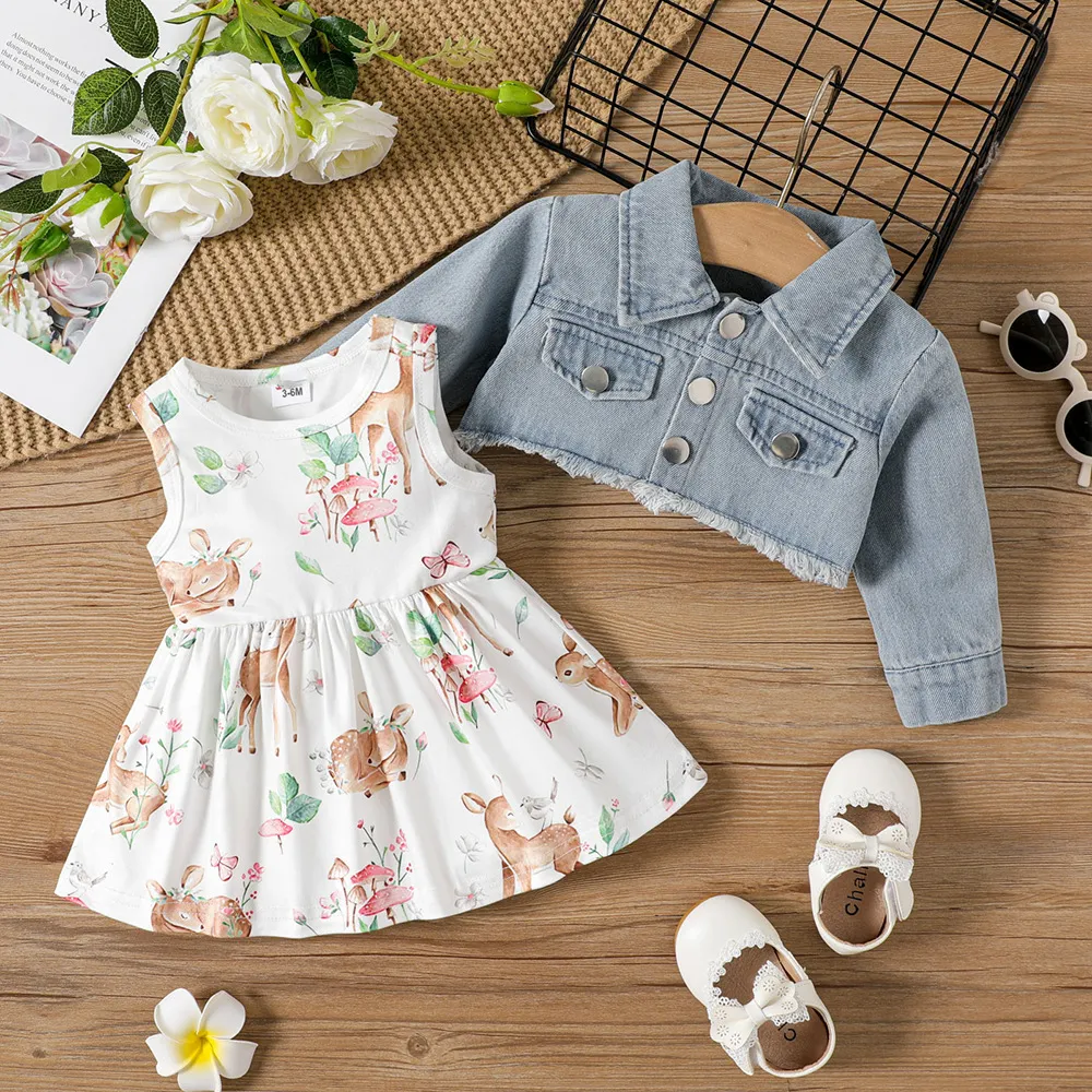 Kids Baby Girls Casual Tiny Flower Print Long Sleeve Denim Jacket Dress Two-Piece Set