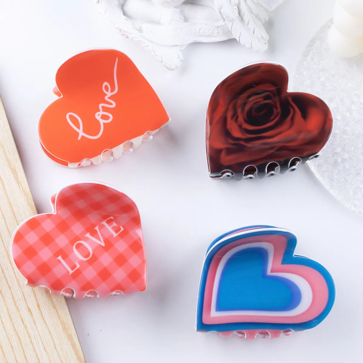 Valentine's Day Fashion Rose Plaid Letter Love Printed Hair Claws