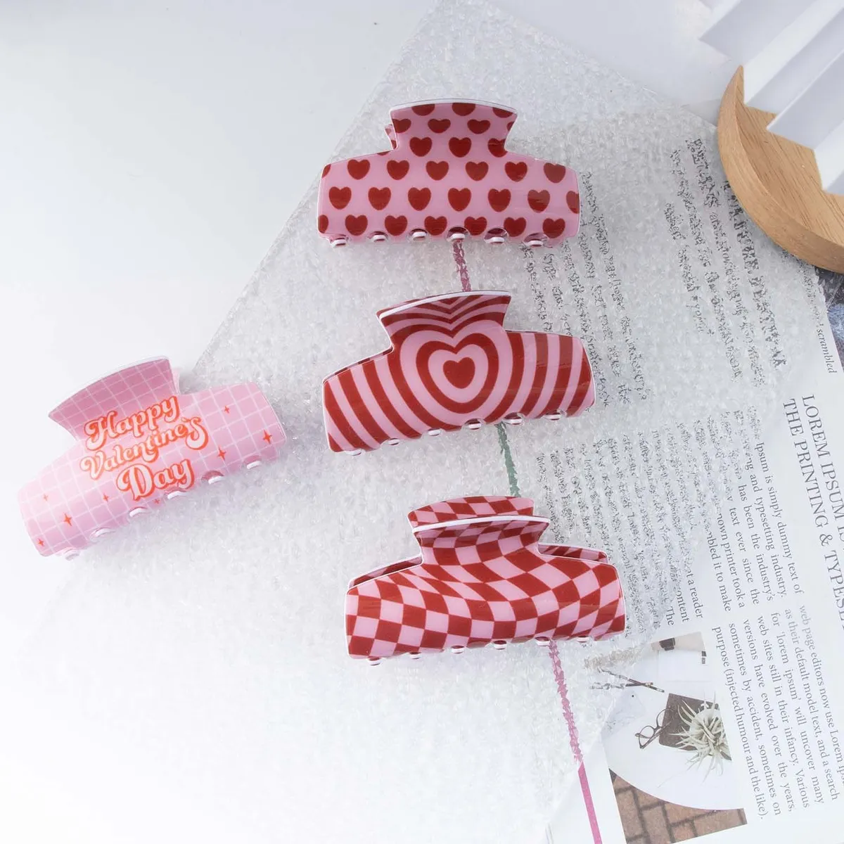 Valentine'S Day Fashion Red Love Plaid Letters Hair Claws Women'S Natural Fresh Sweet Pvc Clips