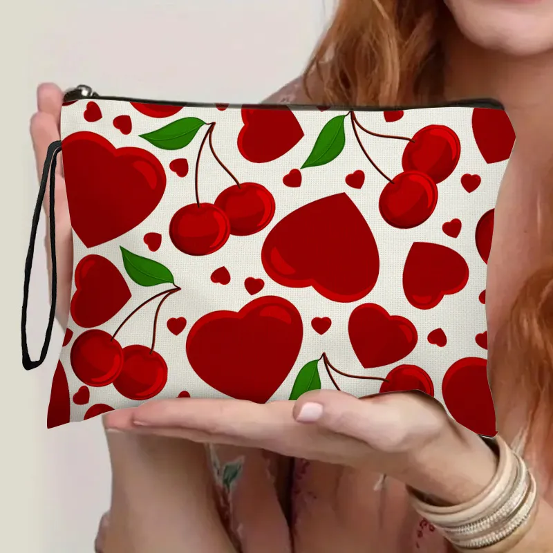 Valentine's Day Love Cherry Printed Multifunctional Makeup Storage Bag