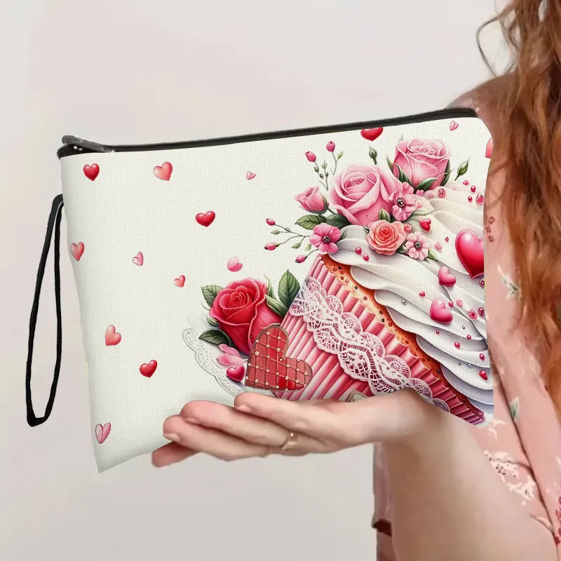 Valentine's Day Love Cake Rose Printed Multifunctional Makeup Bag