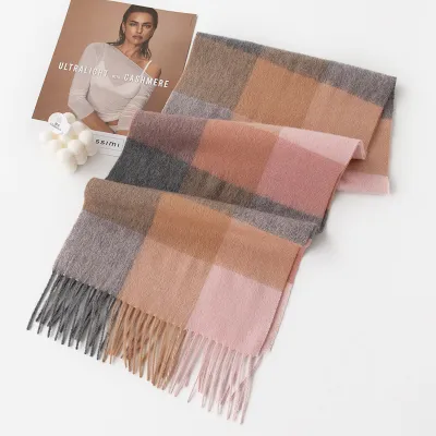Autumn Winter Women Thick Plaid Stitching Warm Tassel Scarf