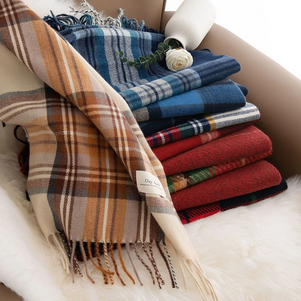 Autumn Winter Women Warm Plaid Tassel Imitation Cashmere Long Scarf