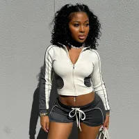 Women Fashion Casual Collar Long Sleeve Zipper Top Shorts Two-Piece Set