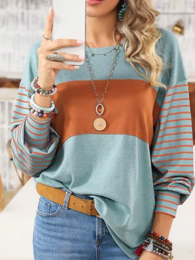 Summer Women Casual Stripe Print Round Neck Long Sleeve T-Shirt