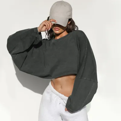 Women Simple Loose Solid Color Crewneck Long Sleeve Crop Sweatshirt