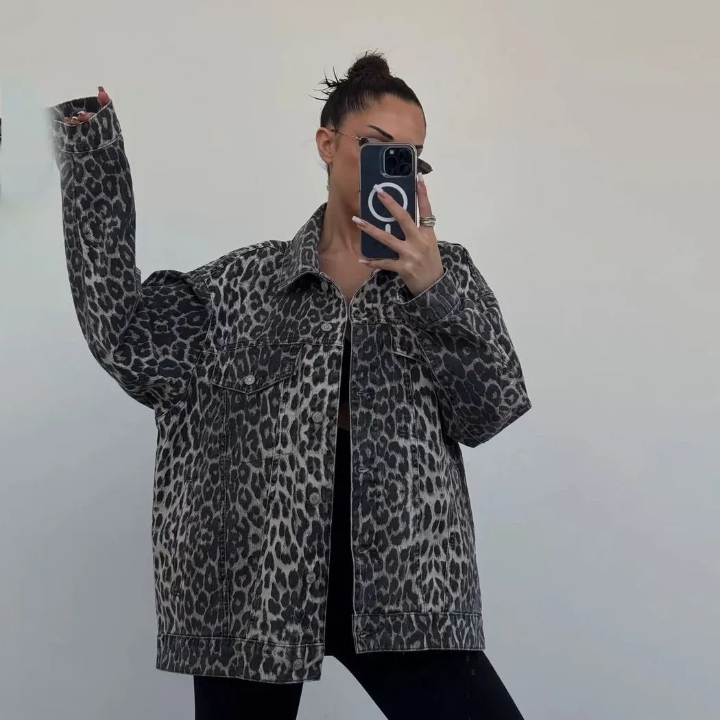 Women Vintage Leopard Print Denim Long Sleeve Coat Loose Fit