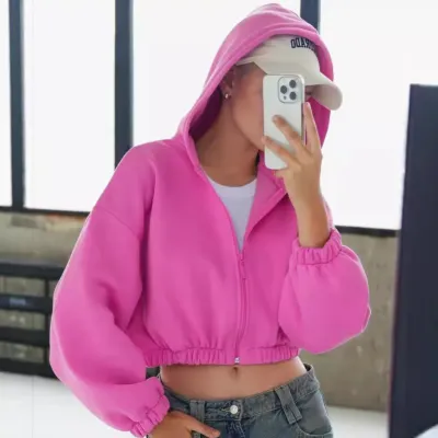 Women Casual Solid Color Long Sleeve Zip-Up Hoodie