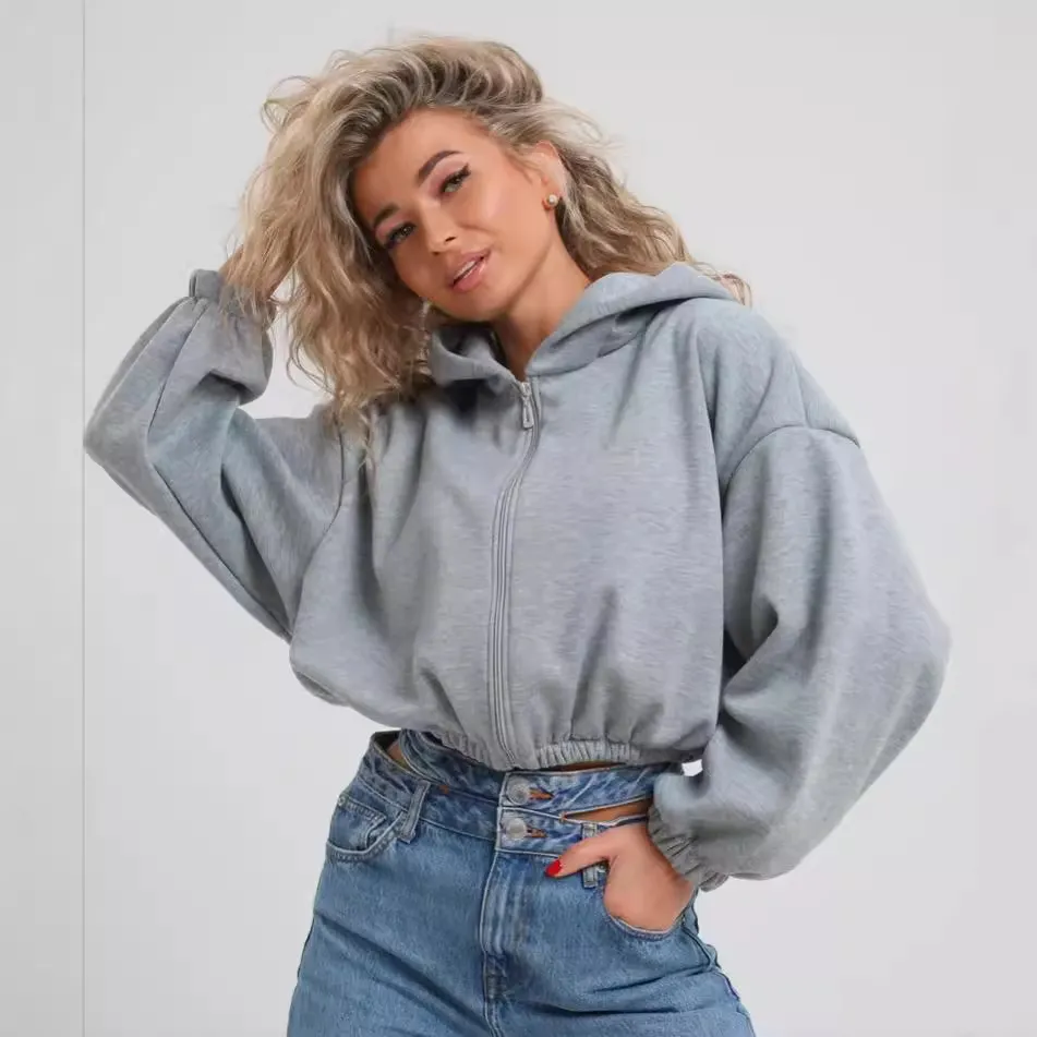 Women Casual Solid Color Long Sleeve Zip-Up Hoodie