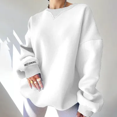 Autumn Winter Women Casual Loose Solid Color Round Neck Long Sleeve Pullover Sweatshirt