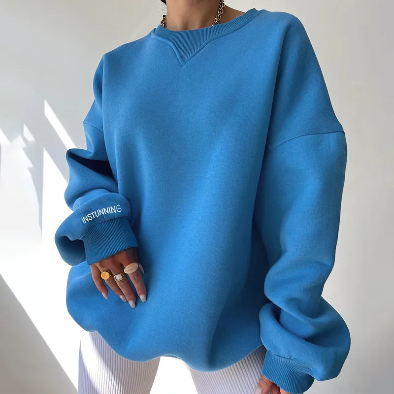 Autumn Winter Women Casual Loose Solid Color Round Neck Long Sleeve Pullover Sweatshirt