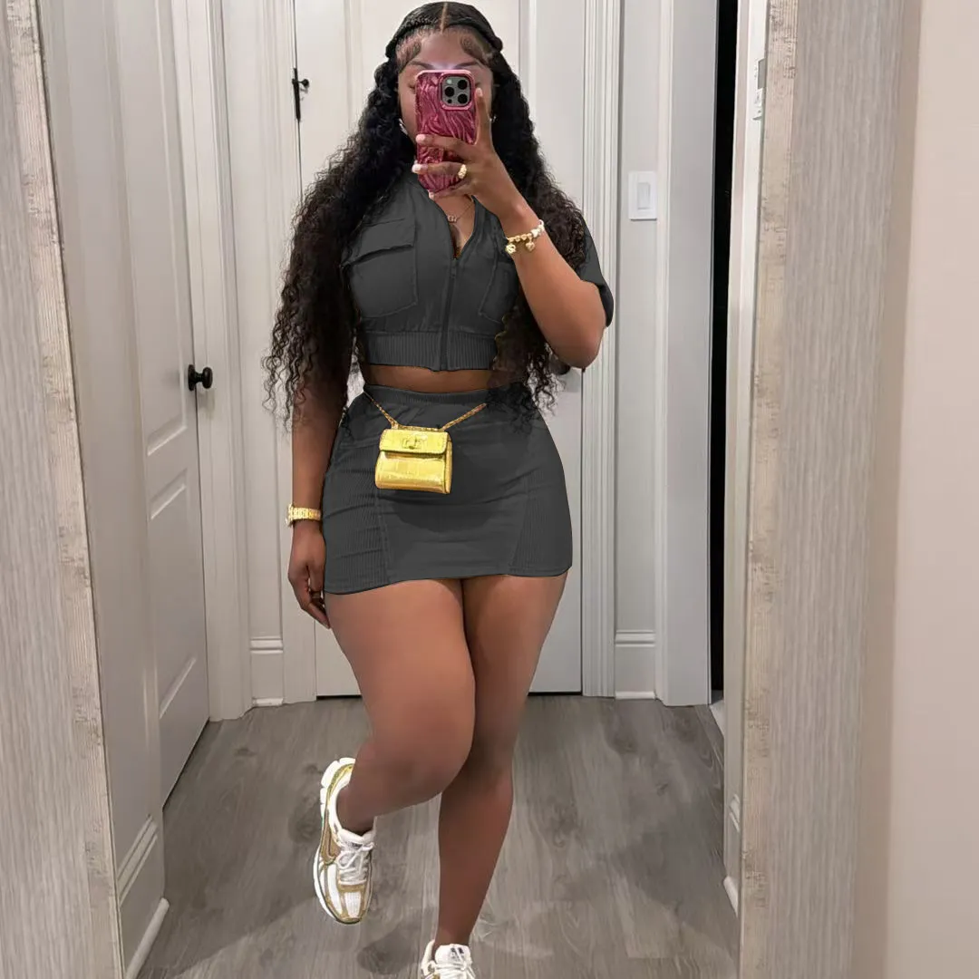 Women Casual Cardigan Zipper Short-Sleeved Top Skirt Two-Piece Set