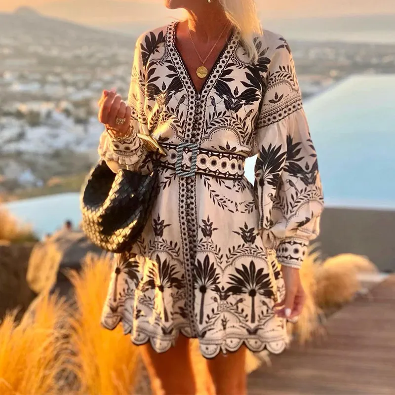 Women Casual Bohemian Print V-Neck Long Sleeve Midi Dress