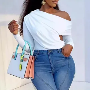 Women Fashion Sexy Oblique Shoulder Hollow Long Sleeve Blouse Top