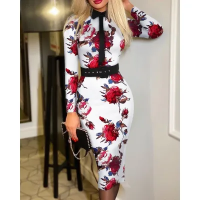 Women's Geometric Floral Print Cashmere Midi Dress With Belt Long Sleeve