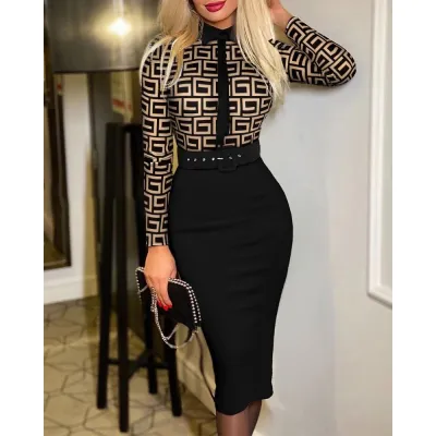 Women's Geometric Floral Print Cashmere Midi Dress With Belt Long Sleeve