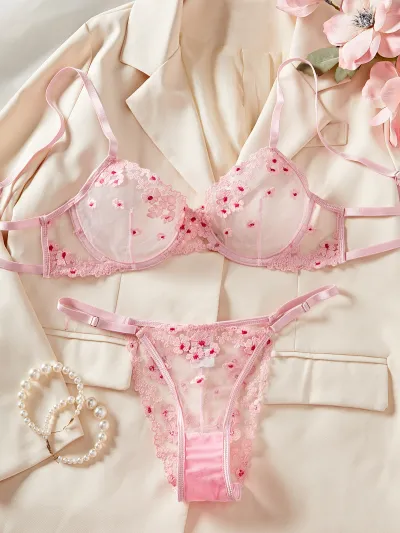 Women Sexy Floral Embroidered Mesh Perspective Bra Set
