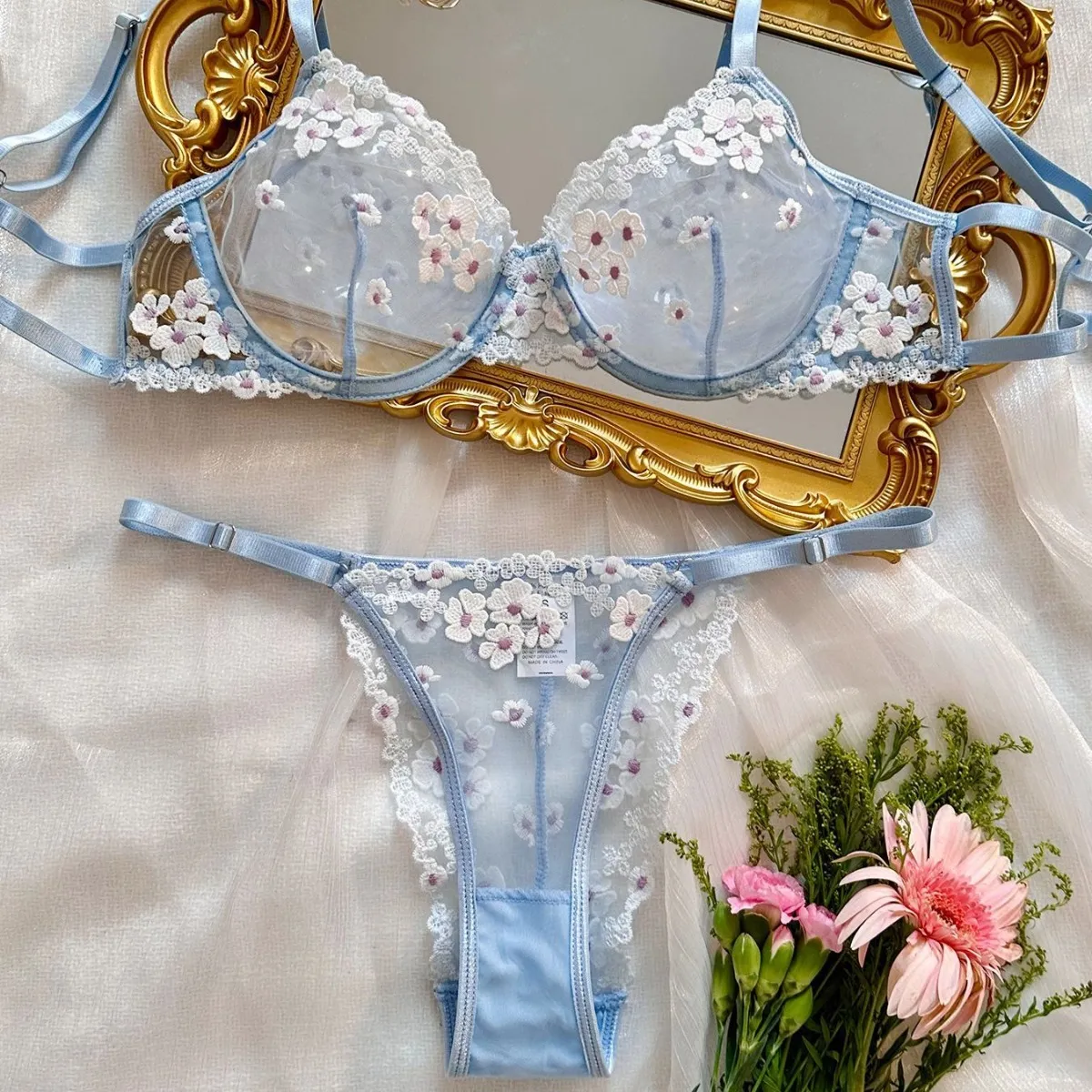 Women Sexy Floral Embroidered Mesh Perspective Bra Set