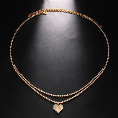 Women Fashion Sexy Multi-Layer Heart-Shaped Rhinestone Waist Chain Body Chain