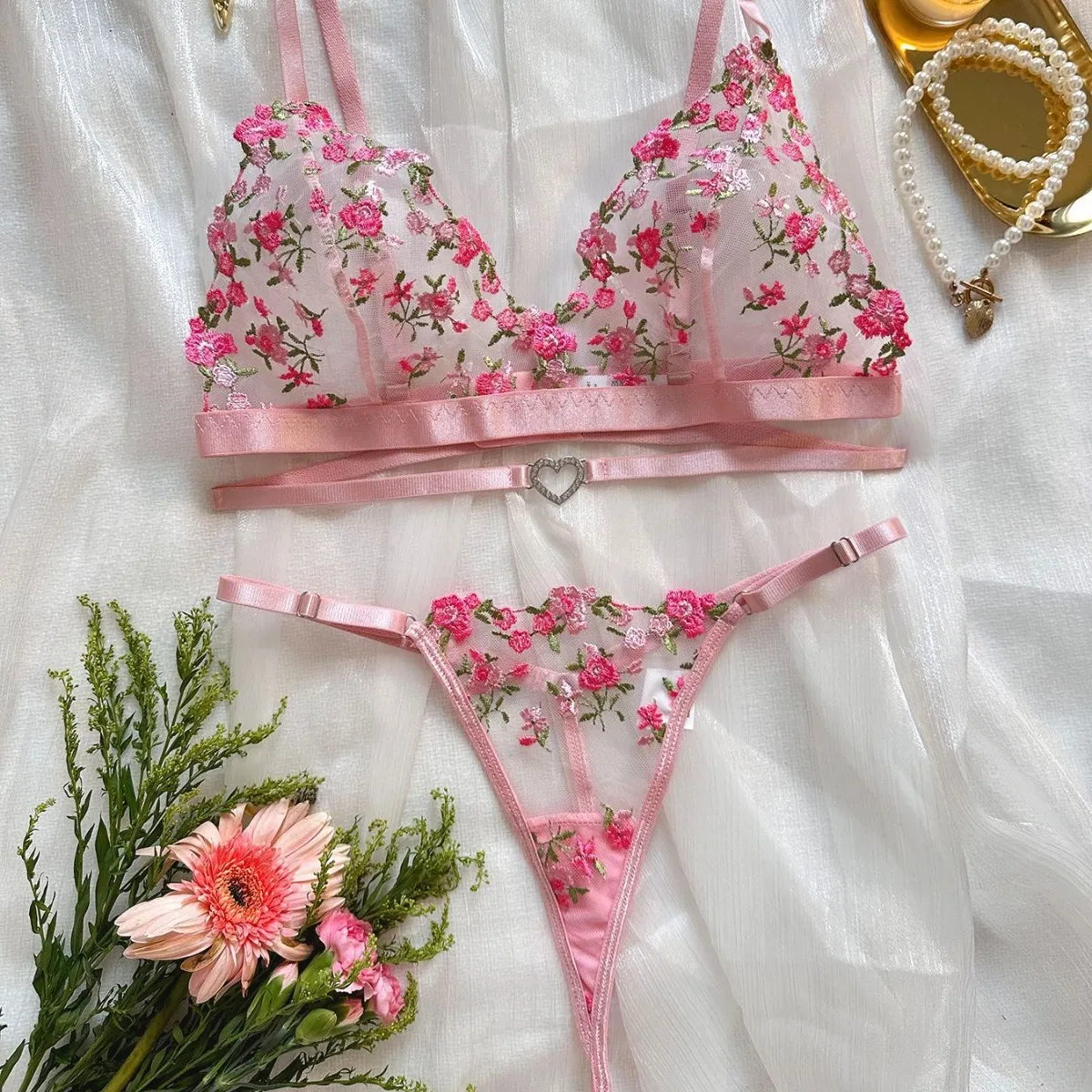 Women Sexy Embroidery Perspective Mesh Bra Thong Set