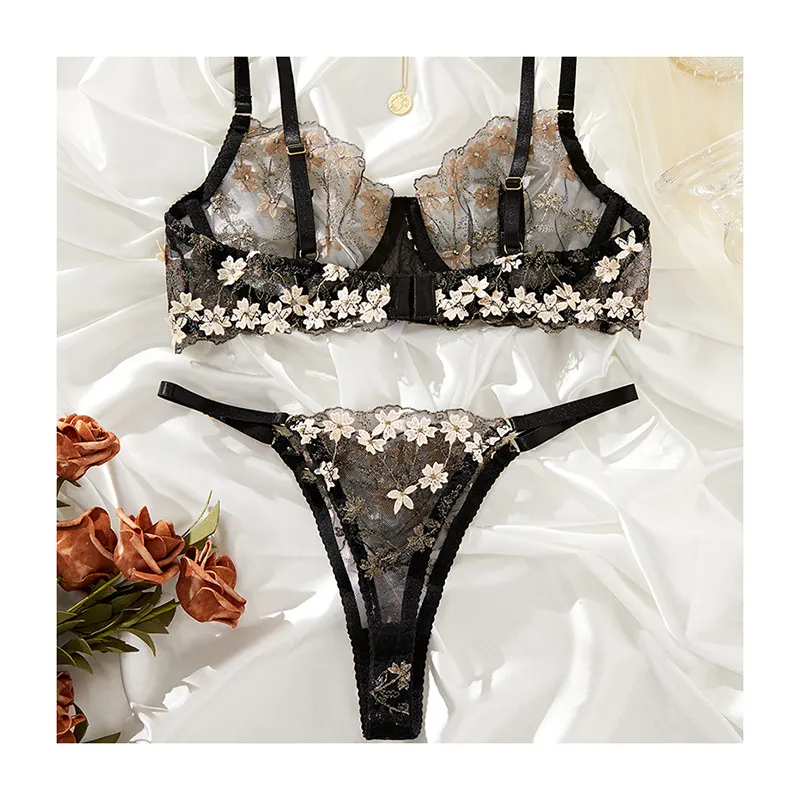 Women Sexy Mesh Floral Three-Point Bra Underwear Set