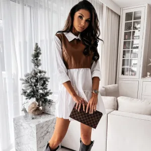 Women Fashion Lapel Long Sleeve Shirt Color Matching Dress