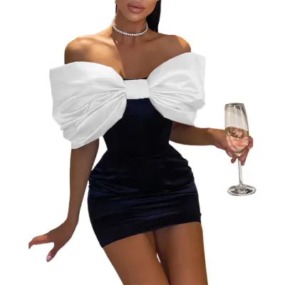 Women Sexy Velvet Big Bow Off Shoulder Backless Mini Party Dress
