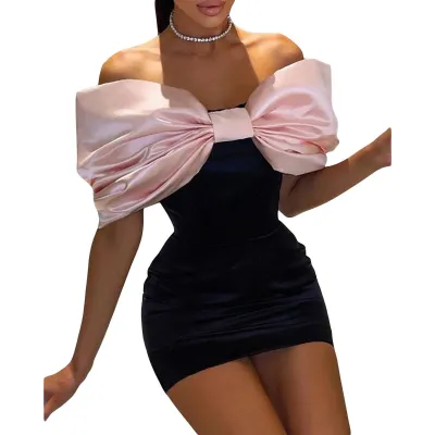 Women Sexy Velvet Big Bow Off Shoulder Backless Mini Party Dress