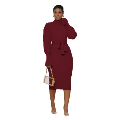 Autumn Winter Women Solid Color High Neck Knitted Sash Midi Dress