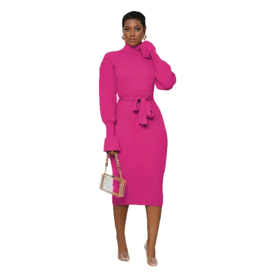 Autumn Winter Women Solid Color High Neck Knitted Sash Midi Dress