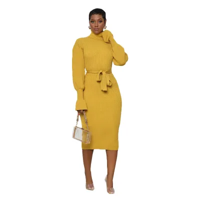 Autumn Winter Women Solid Color High Neck Knitted Sash Midi Dress