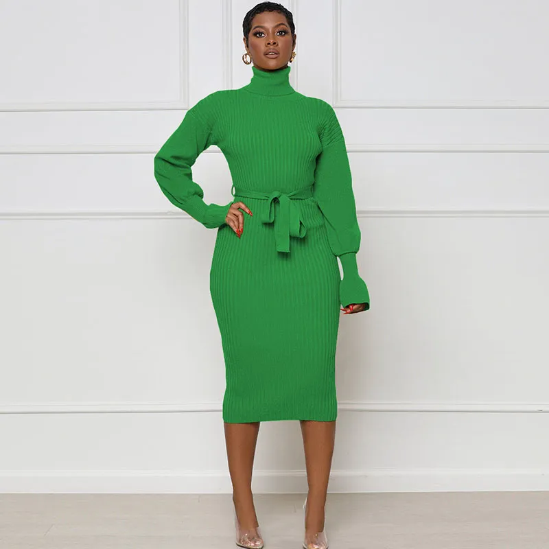Autumn Winter Women Solid Color High Neck Knitted Sash Midi Dress