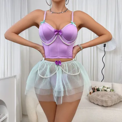 Women Sexy Mesh Pearl Bowknot Chain Bra Skirts Lingerie Three-Piece Set