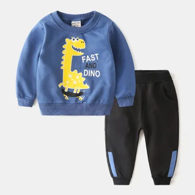 Kids Toddler Boys Casual Dinosaur Print Long Sleeve Sweatshirt Pants Set Cotton Blend