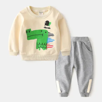 Kids Toddler Boys Casual Dinosaur Print Long Sleeve Sweatshirt Pants Set Cotton Blend
