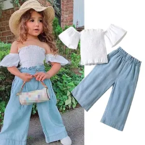 Kids Toddler Girls Casual Cute Tube Top Jeans Sets Solid Color Cotton Two-Piece Pullover Short Sleeve