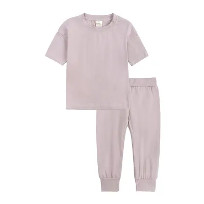 Kids Toddler Boys Girls Casual Solid Color Short Sleeve Two-Piece Cotton Sets