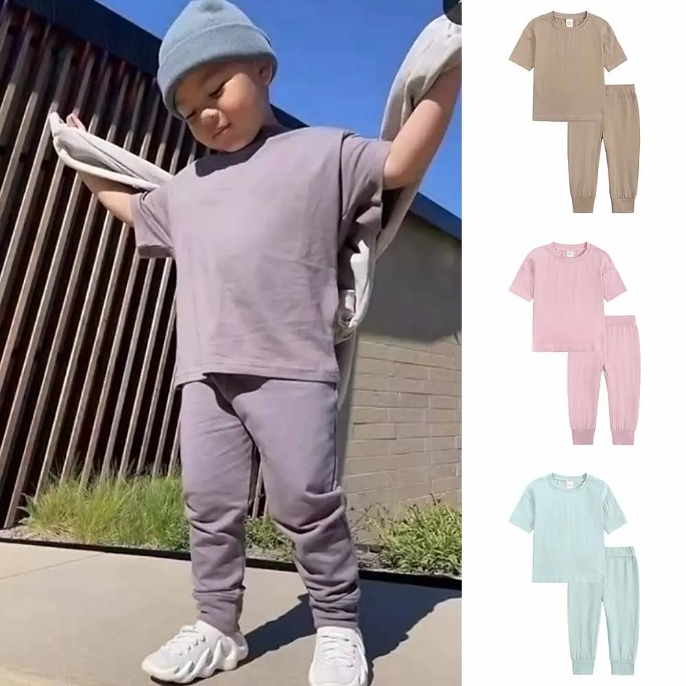 Kids Toddler Boys Girls Casual Solid Color Short Sleeve Two-Piece Cotton Sets