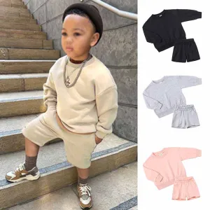 Kids Toddler Boys Girls Casual Solid Color Long Sleeve Sweatshirt and Shorts Set