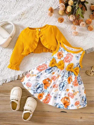 Kids Baby Girls Casual Tiny Flower Print Long Sleeve Cardigan Knitted Top and A-Line Skirt Dress Sets