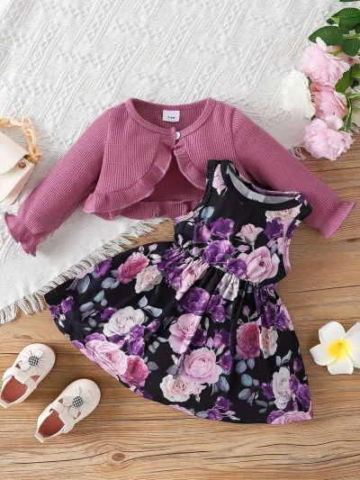 Kids Baby Girls Casual Tiny Flower Print Long Sleeve Cardigan Knitted Top and A-Line Skirt Dress Sets