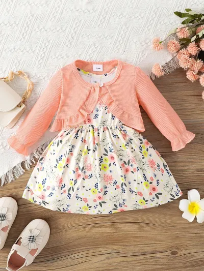 Kids Baby Girls Casual Tiny Flower Print Long Sleeve Cardigan Knitted Top and A-Line Skirt Dress Sets