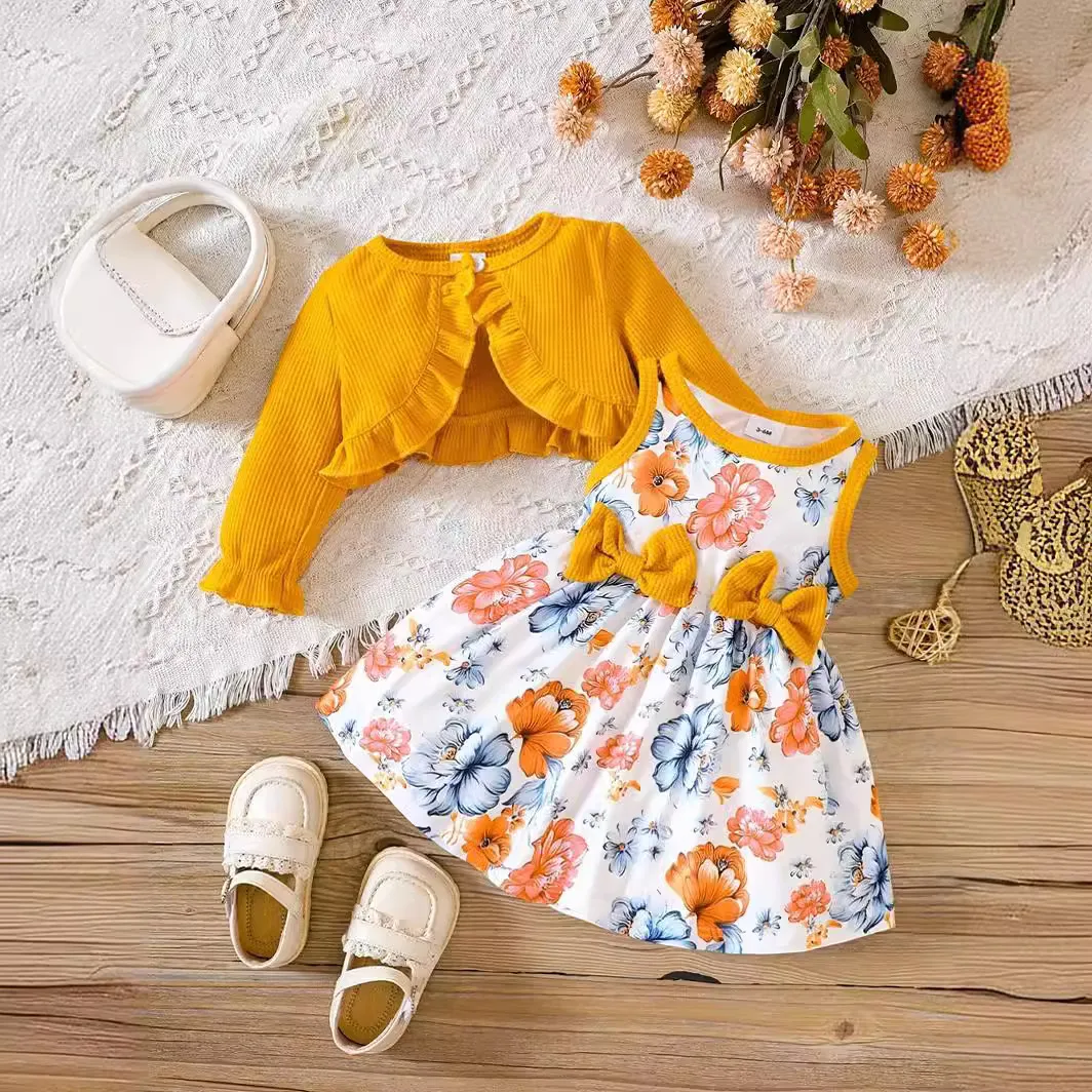 Kids Baby Girls Casual Tiny Flower Print Long Sleeve Cardigan Knitted Top and A-Line Skirt Dress Sets