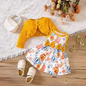 Kids Baby Girls Casual Tiny Flower Print Long Sleeve Cardigan Knitted Top and A-Line Skirt Dress Sets