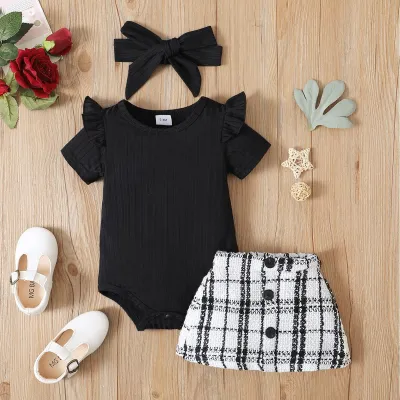 Kids Baby Girls Casual Cute Plaid Short Sleeve Romper Skirt Pullover Set